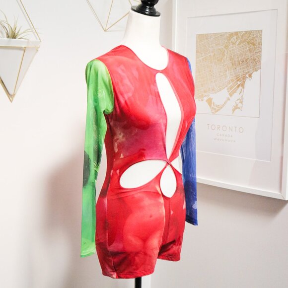 Red Tye Dye 'Orchid' Mesh Cutout Bodysuit 💋 GOI BARCELONA - Picture 2 of 9